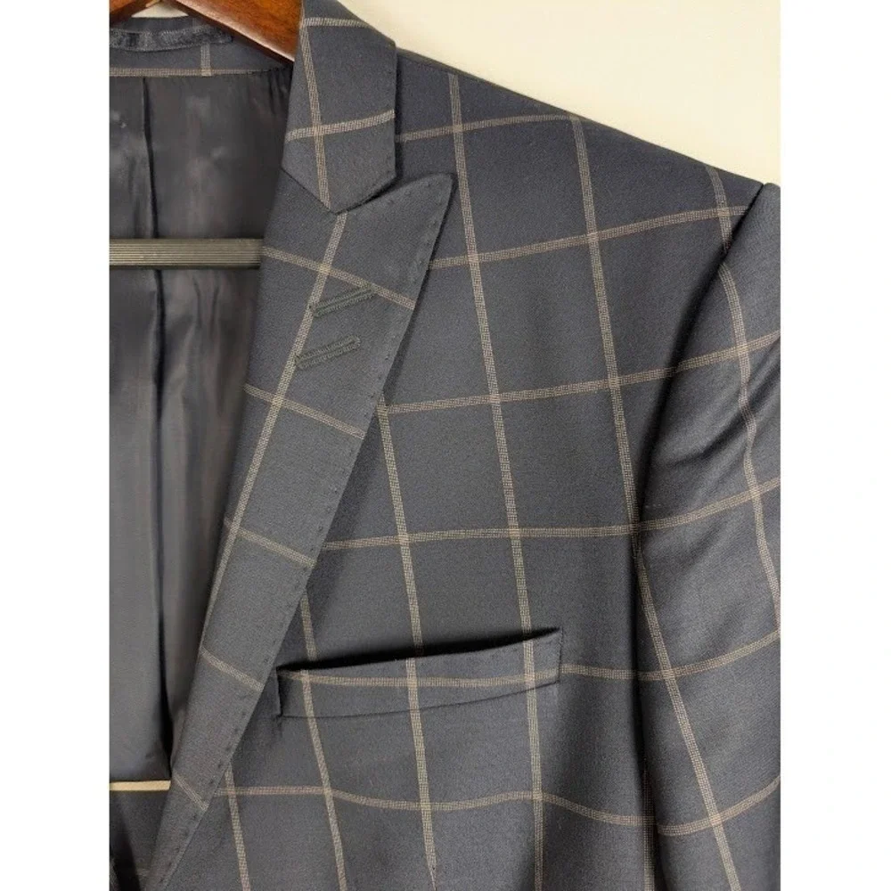 Maceoo Descarte Blazer Mens 38/2 Small Navy Blue Tan‎ Windowpane Plaid Wool